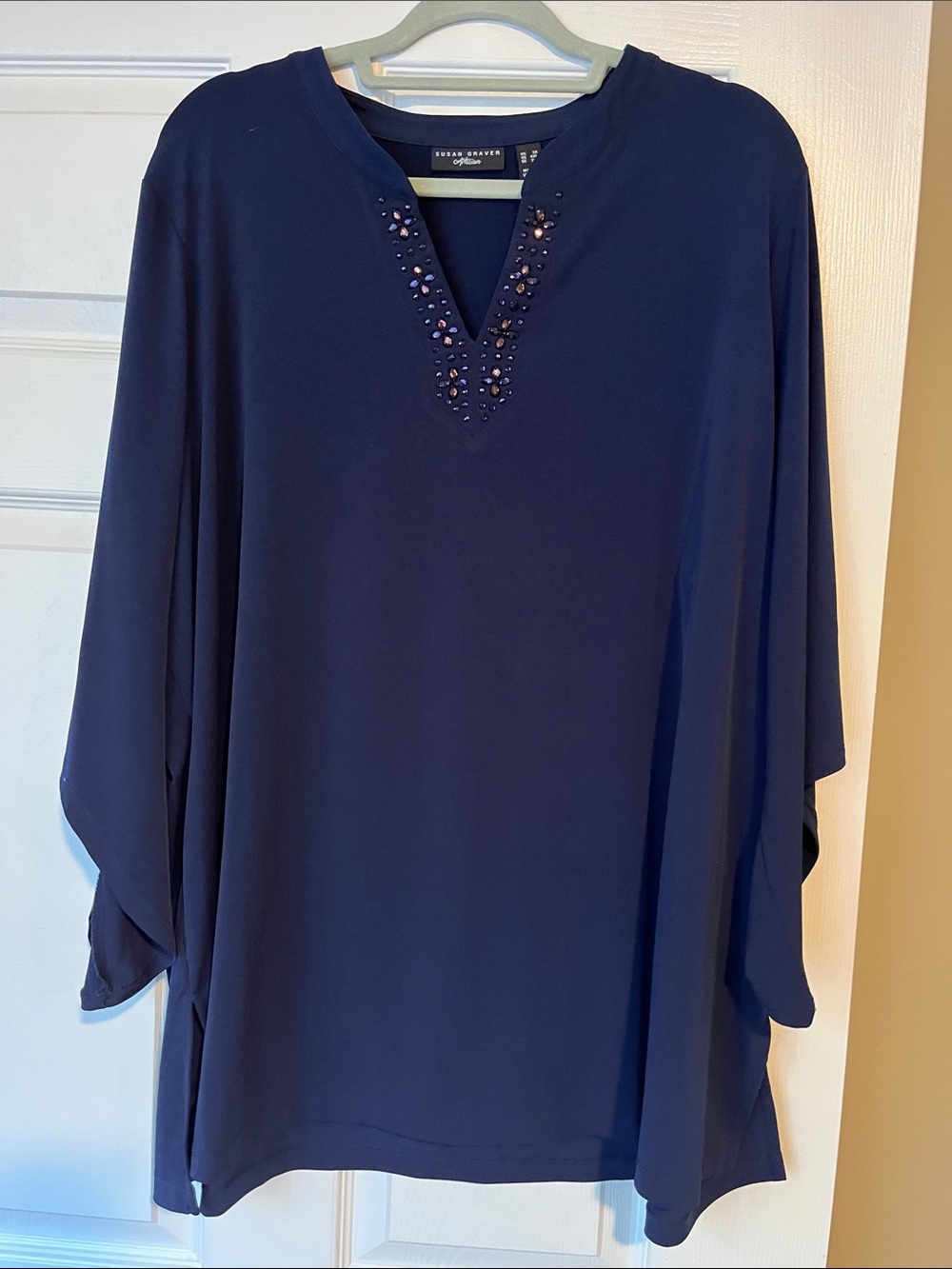 Susan Graver Navy Embellished V‑Neck Tunic